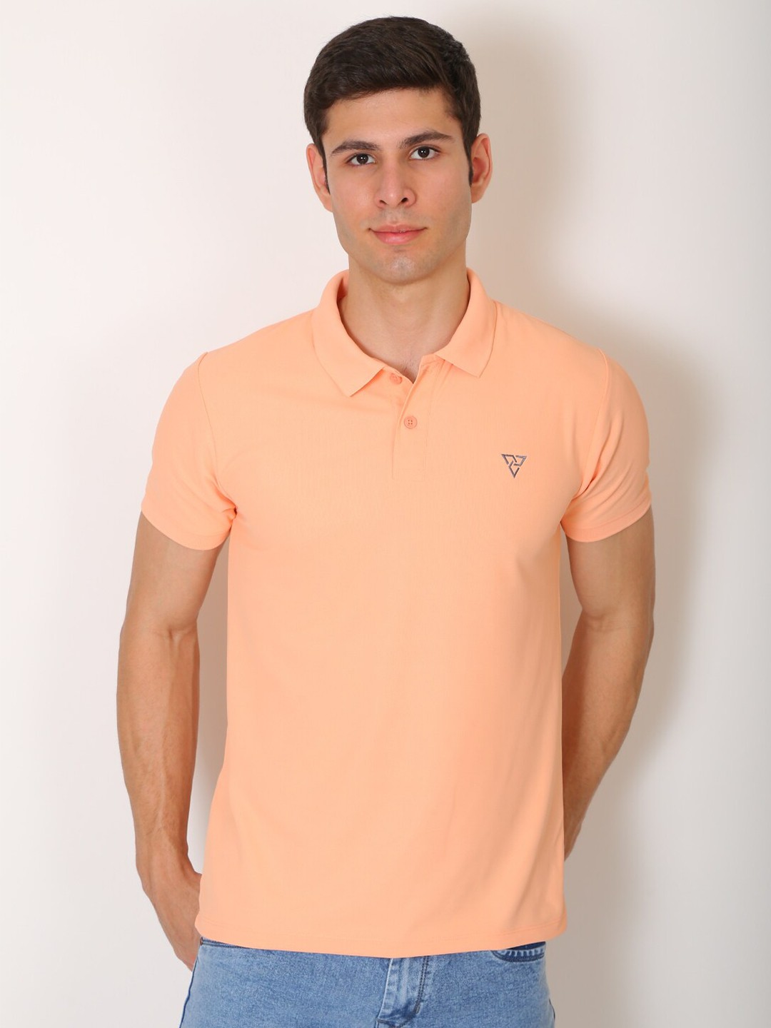 

VSQUARED2 Men Peach-Coloured Polo Collar Slim Fit T-shirt