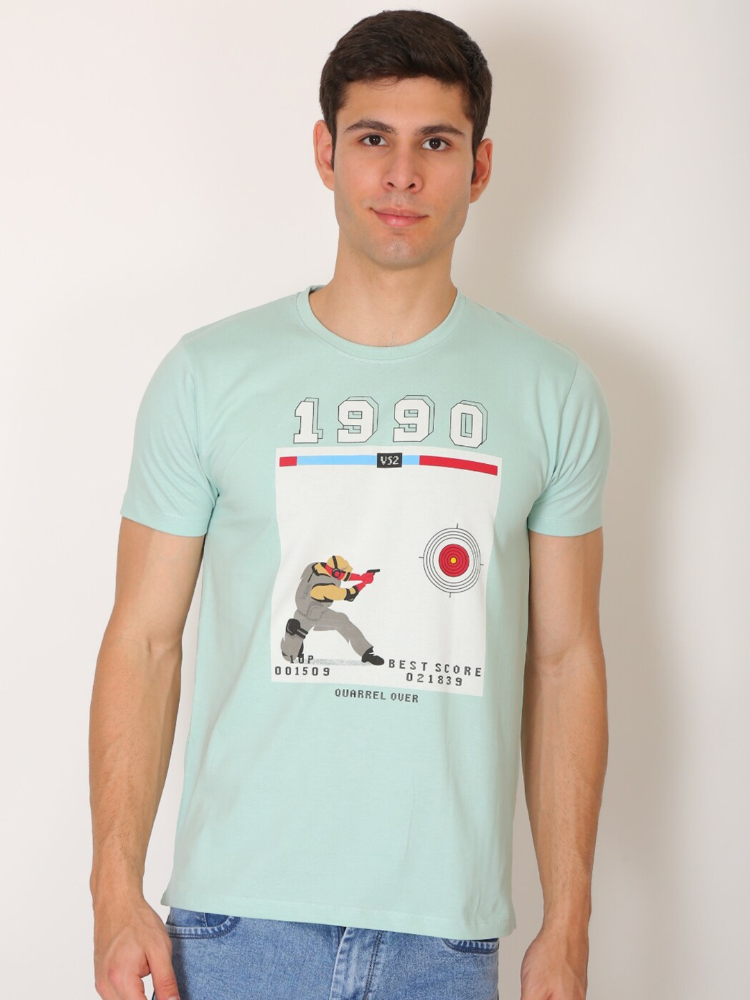 

VSQUARED2 Men Turquoise Blue Printed Slim Fit T-shirt