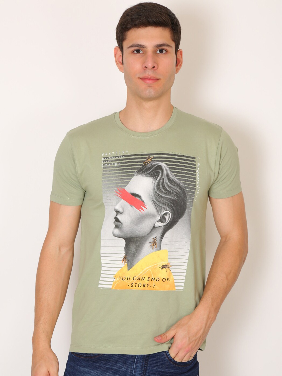 

VSQUARED2 Men Olive Green V-Neck Slim Fit T-shirt