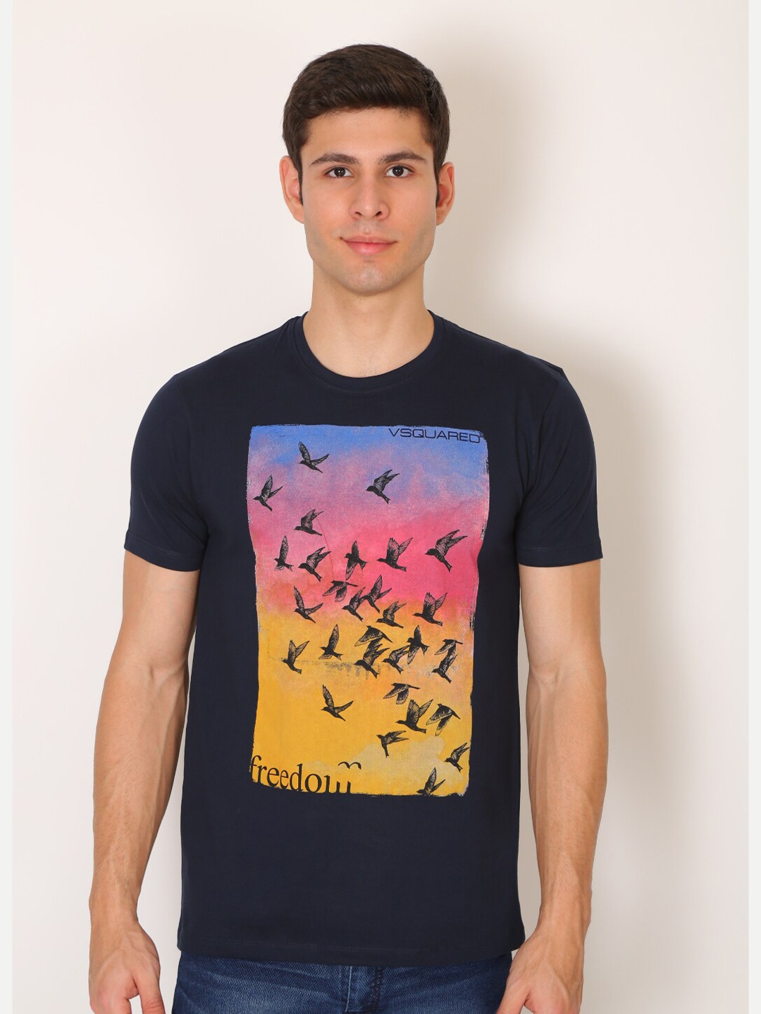 

VSQUARED2 Men Navy Blue Printed Slim Fit T-shirt