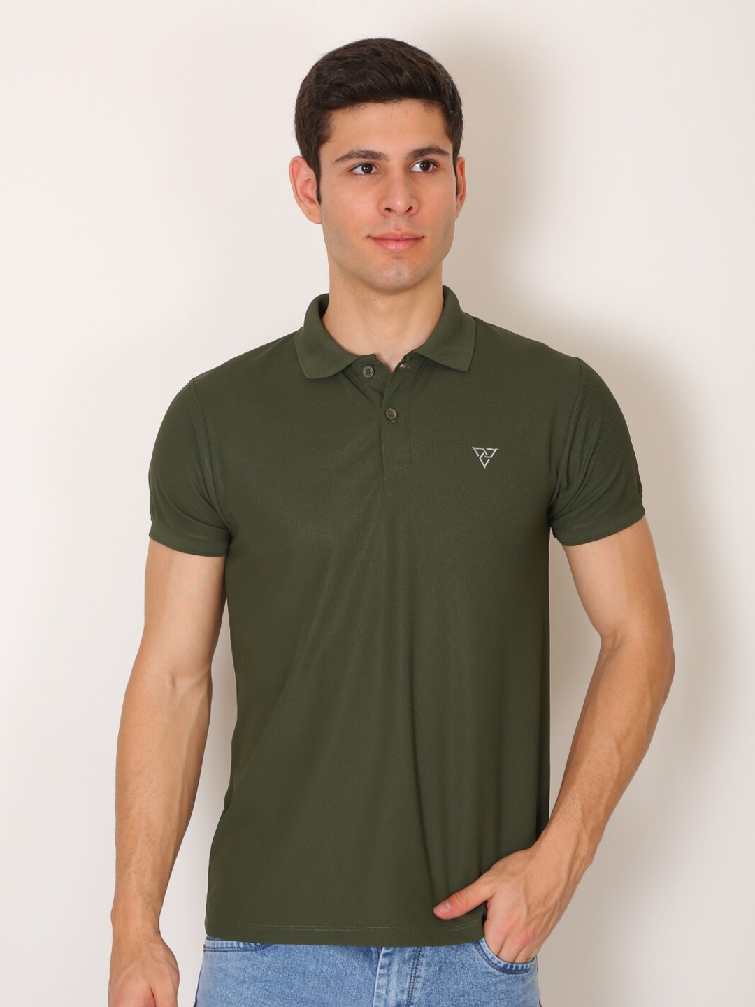 

VSQUARED2 Men Olive Green Polo Collar Slim Fit T-shirt