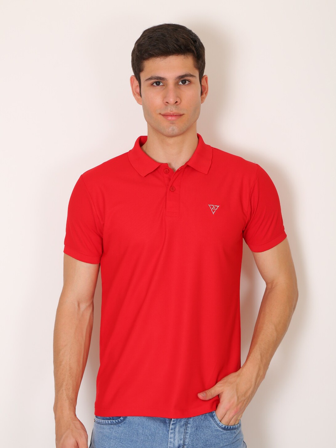 

VSQUARED2 Men Red Polo Collar Slim Fit T-shirt