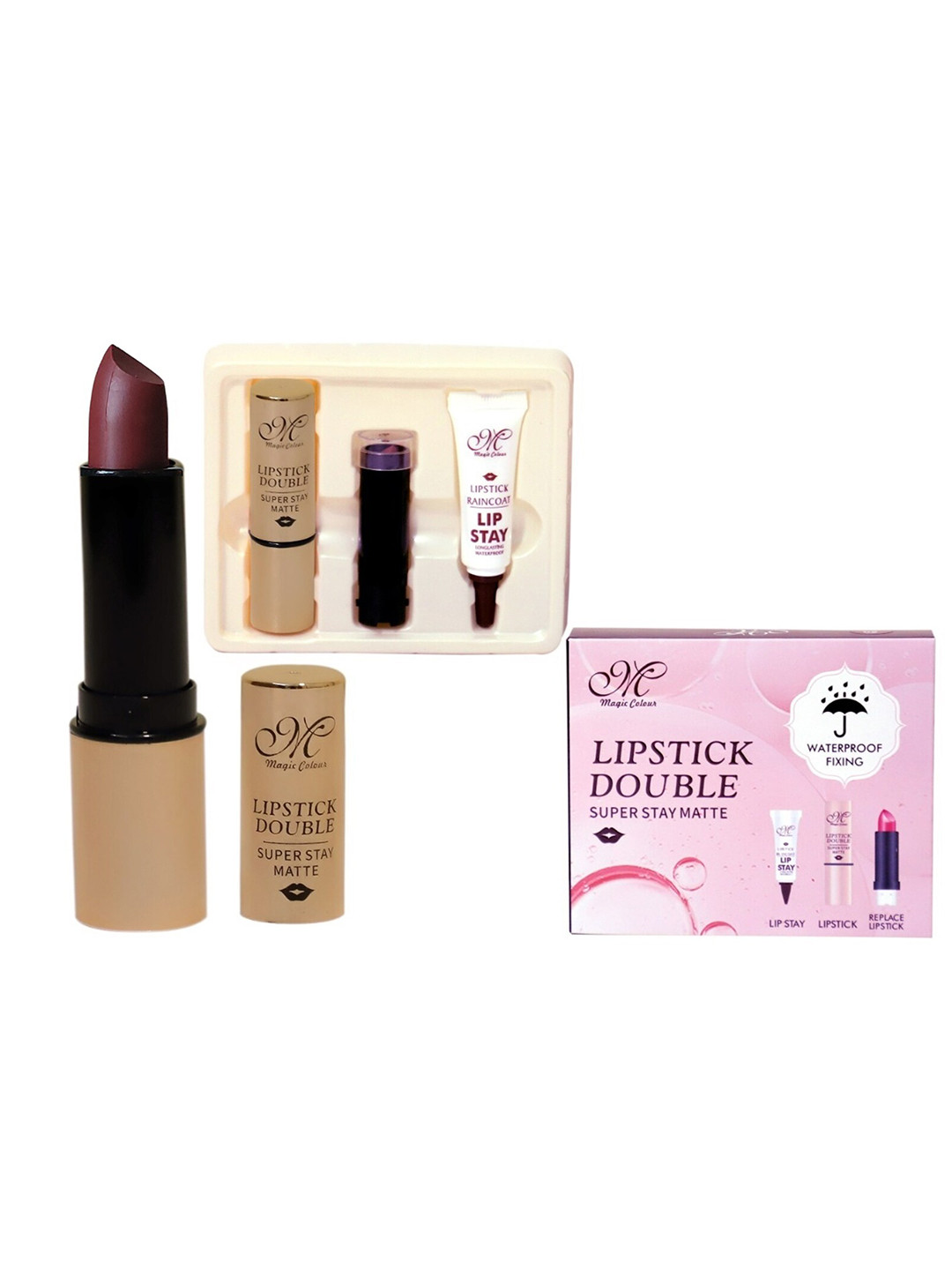 

Magic Colour Set Of 3 Transfer Proof Lipstick Double Kit, Brown