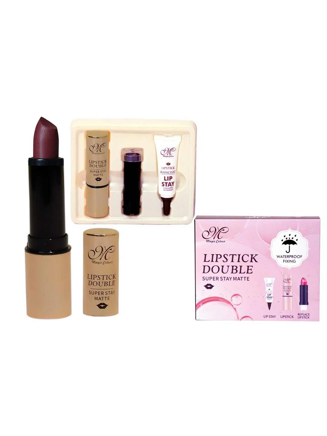 

Magic Colour Set Of 3 Transfer Proof Lipstick Double Kit, Burgundy