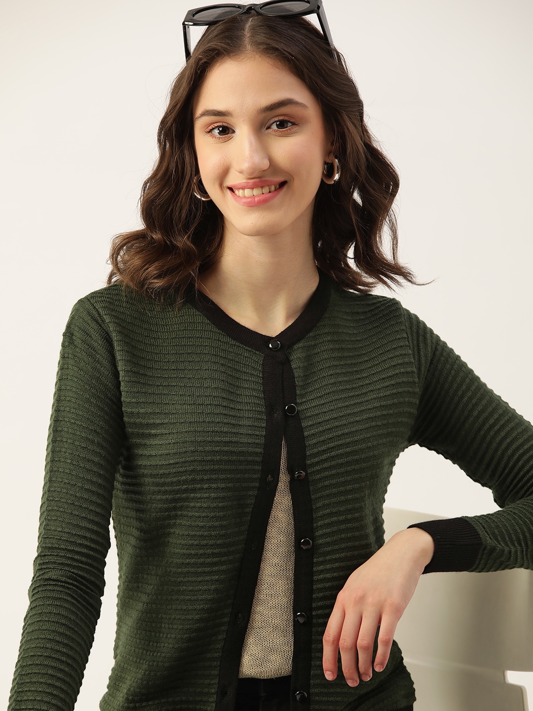 

DressBerry Women Green Self Design Cardigan