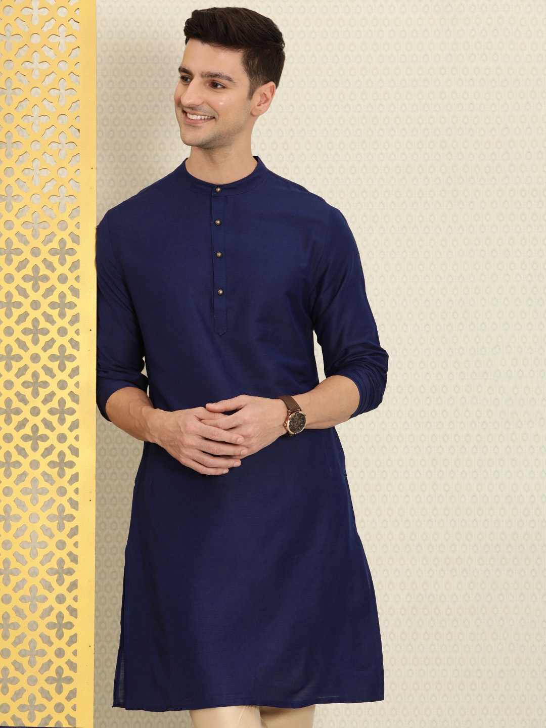 

House of Pataudi Men Navy Blue Rozana Kurta