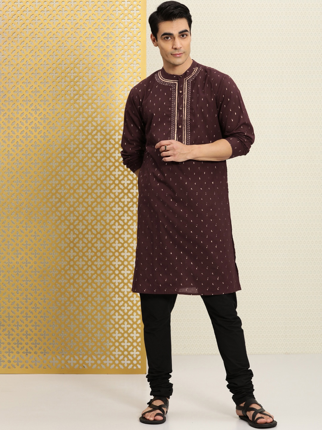 

House of Pataudi Men Brown Floral Printed Pure Cotton Jashn Kurta