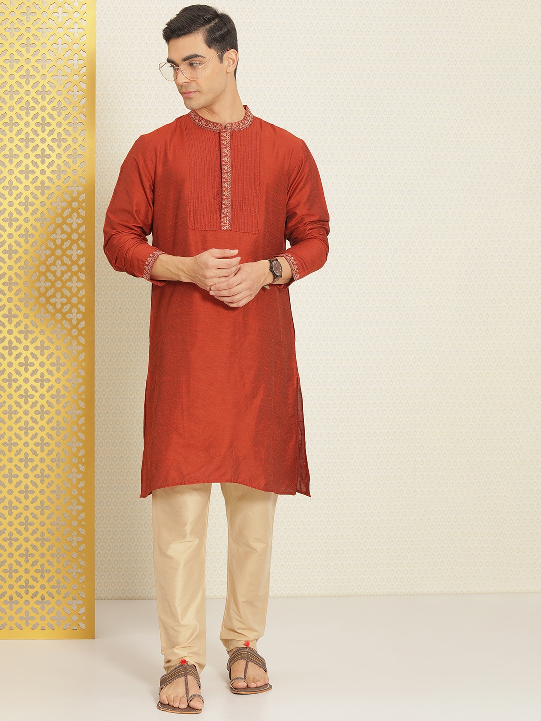 

House of Pataudi Men Rust Solid Rozana Kurta
