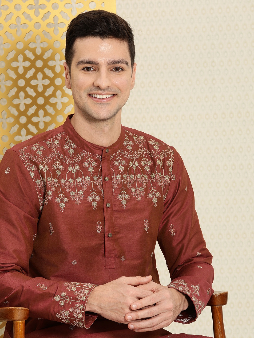 

House of Pataudi Men Rust Red Ethnic Motifs Embroidered Jashn Kurta