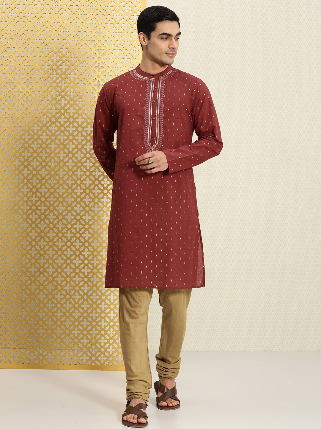 

House of Pataudi Men Ethnic Motifs Printed Pure Cotton Jashn Kurta, Rust