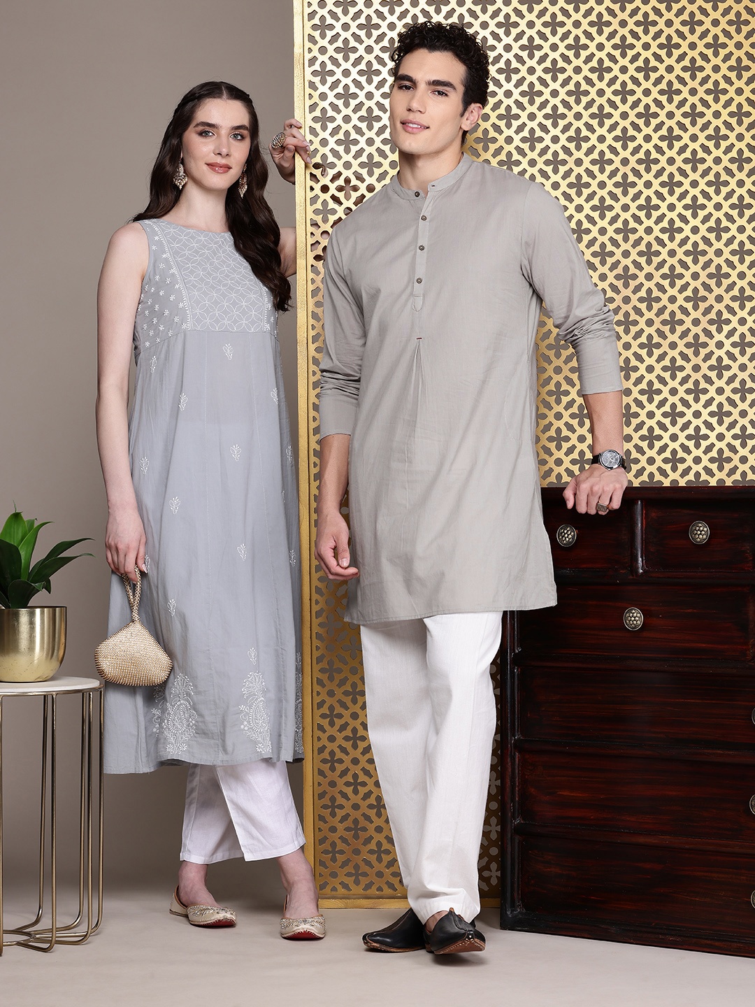 

House of Pataudi Band Collar Pure Cotton Rozana Kurta, Grey