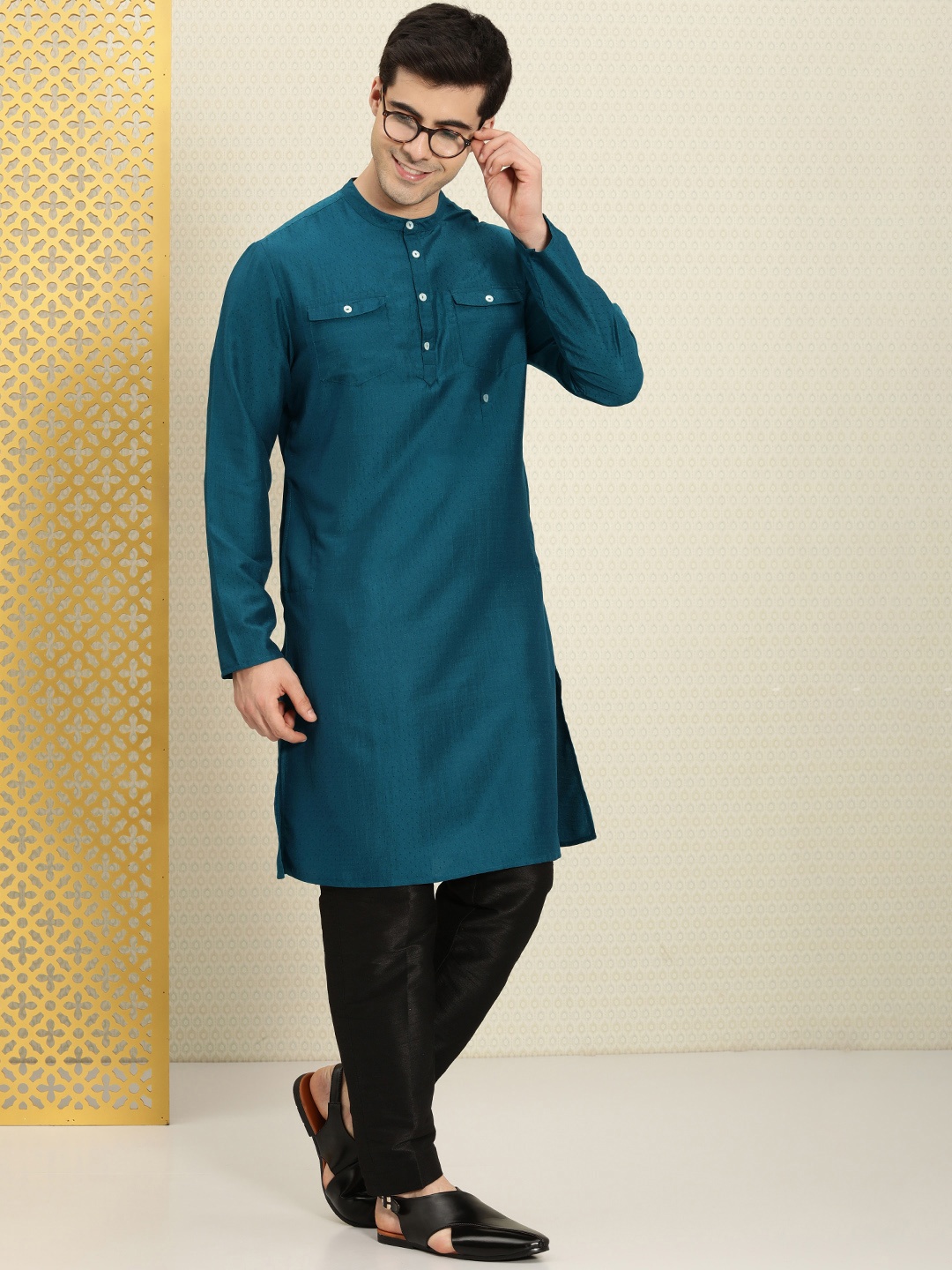 

House of Pataudi Men Solid Band Collar Rozana Kurta, Teal