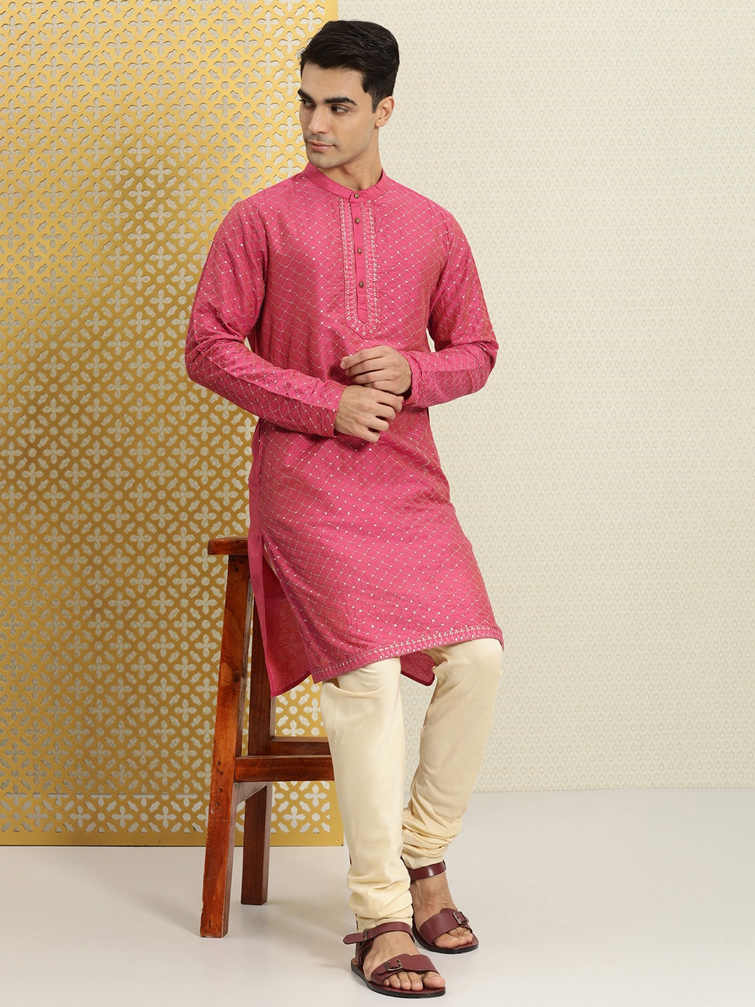 

House of Pataudi Men Pink & Gold-Toned Woven Design Jashn Kurta