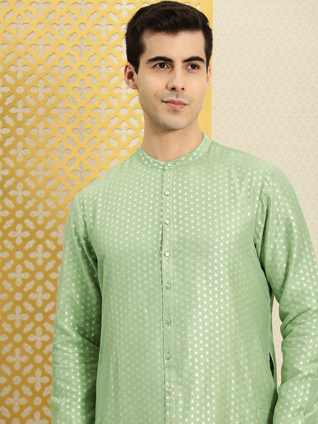 

House of Pataudi Men Green Ethnic Motifs Printed Kurta