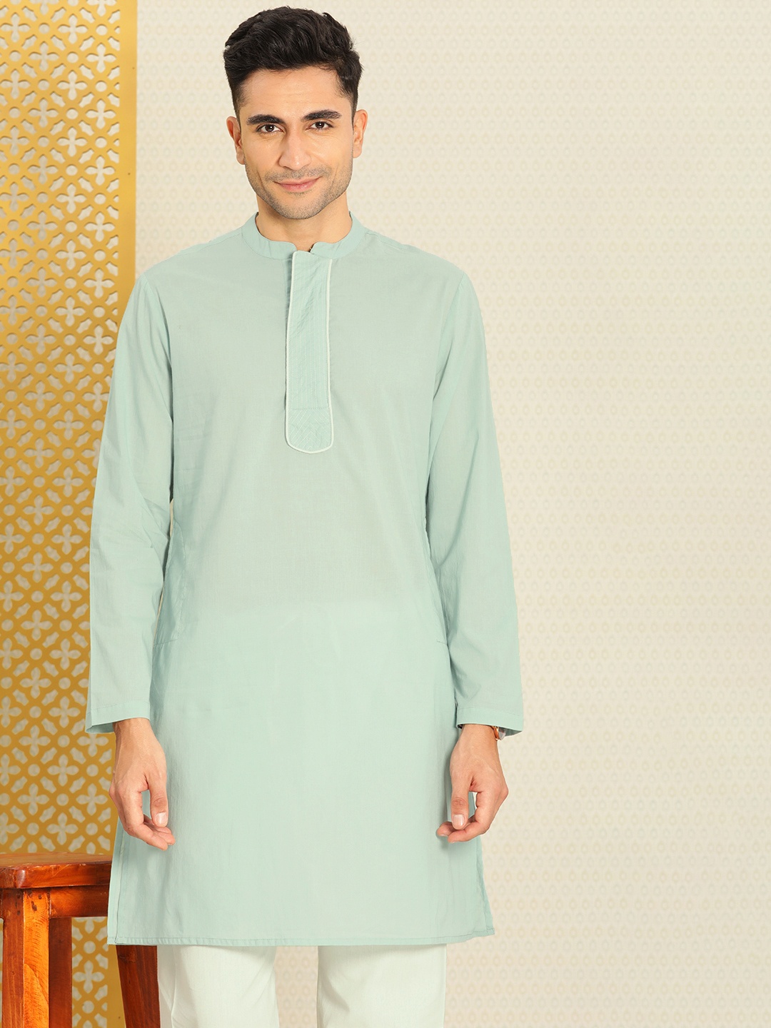

House of Pataudi Men Pure Cotton Solid Mandarin Collar Rozana Kurta, Blue