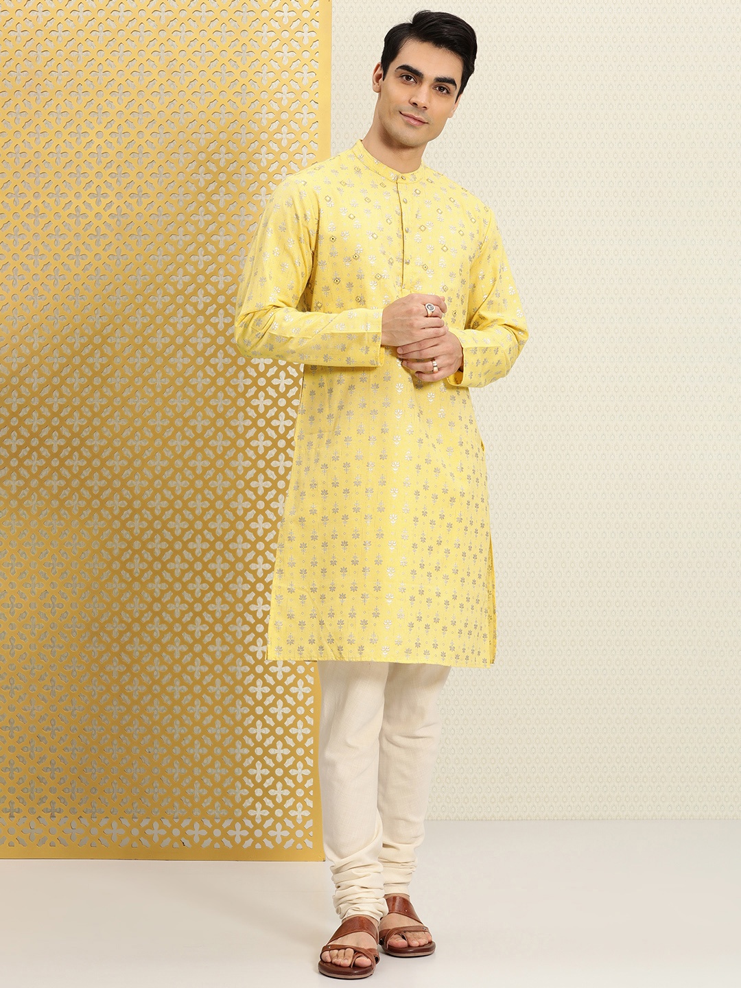 

House of Pataudi Men Yellow Ethnic Motifs Printed Jashn Kurta