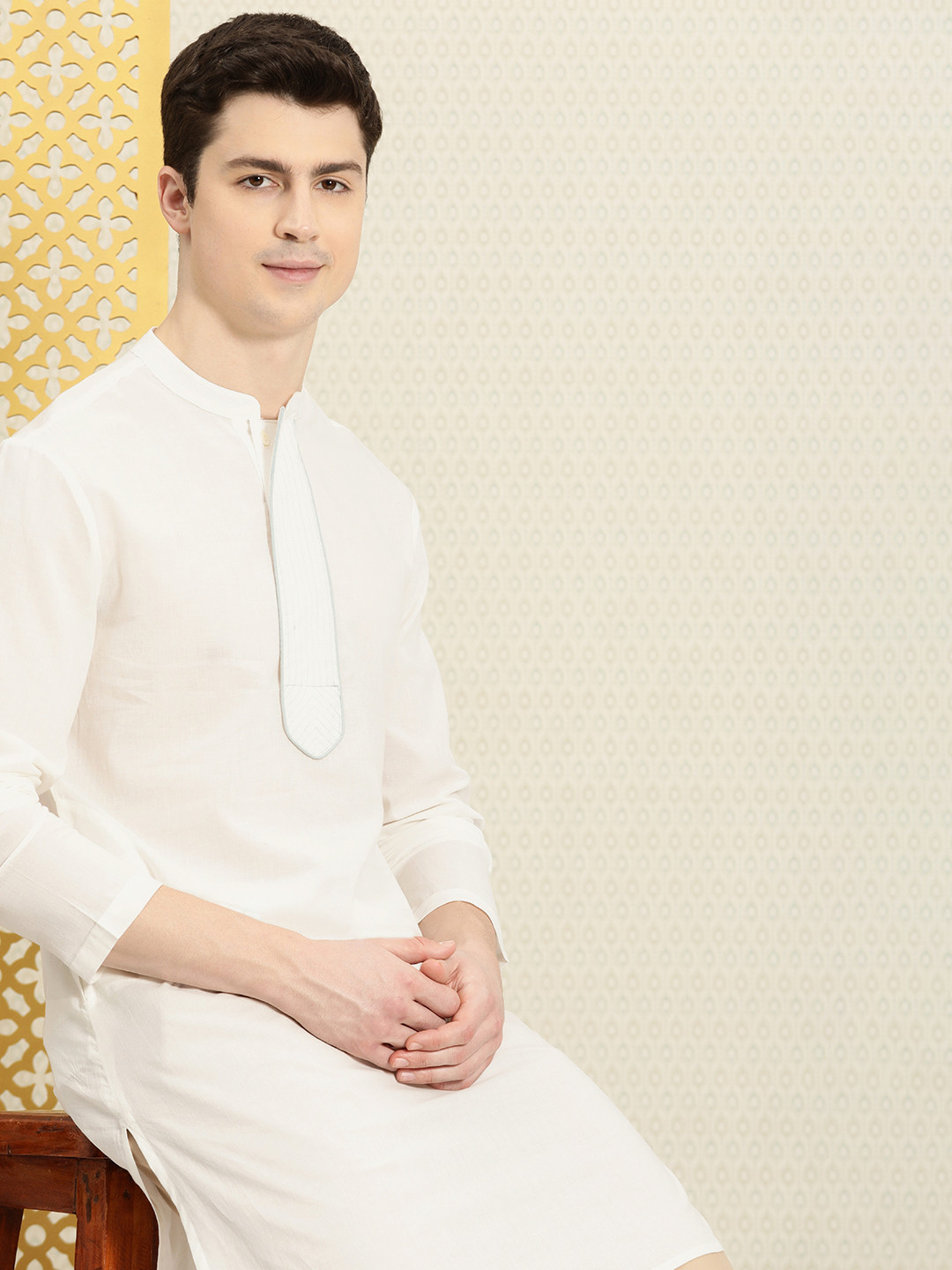 

House of Pataudi Yoke Design White Romance Mandarin-Collar Pure Cotton Rozana Kurta