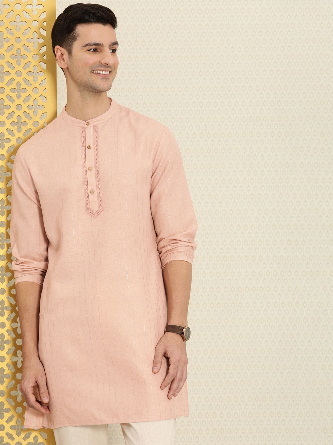 

House of Pataudi Men Nude-Coloured Rozana Self-Striped Kurta