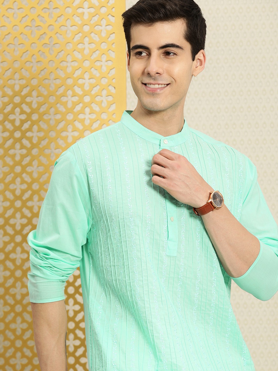 

House of Pataudi Men Sea Green Ethnic Motifs Embroidered Pure Cotton Kurta