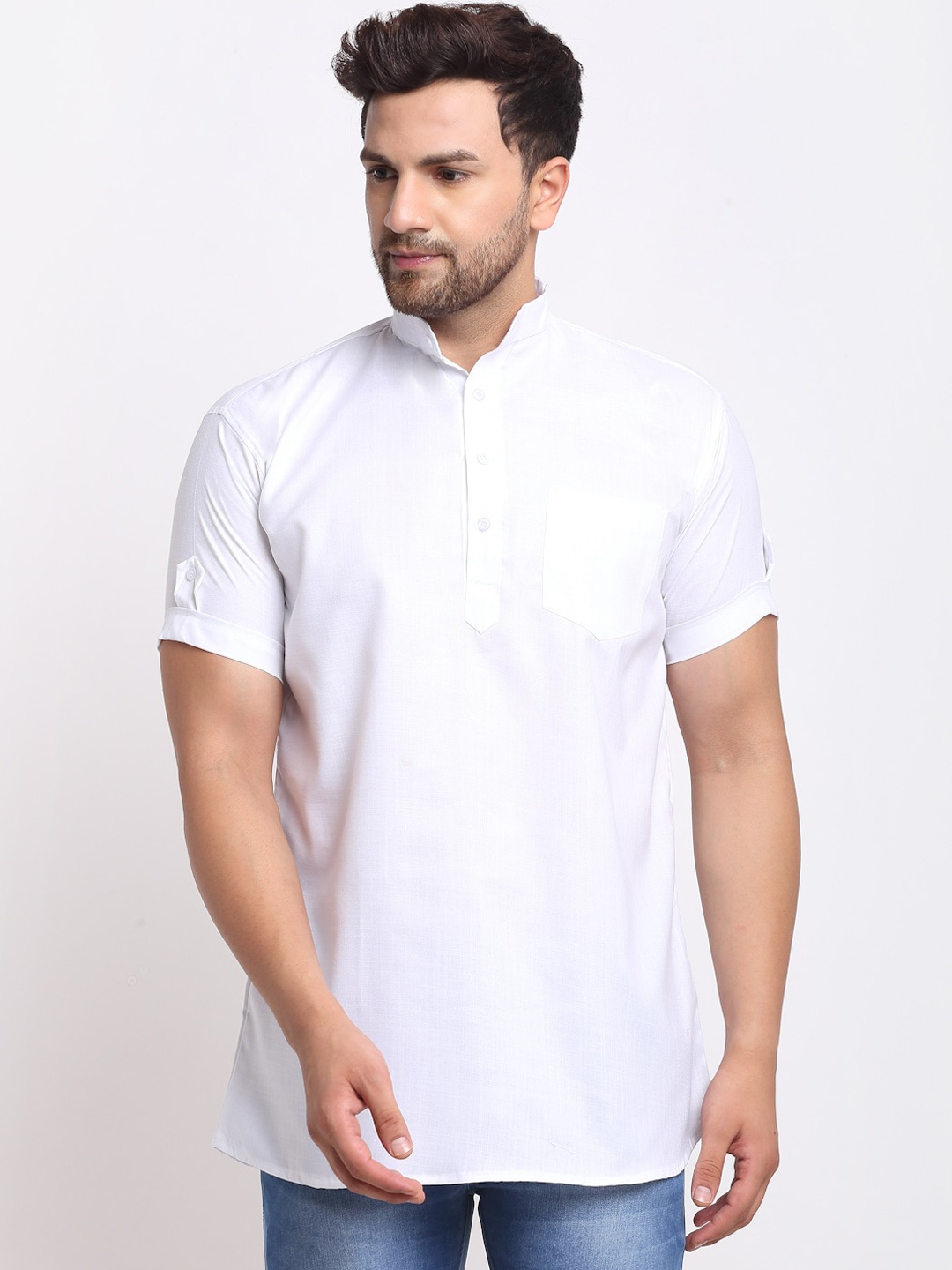 

Benstoke Men White Solid Short Kurta