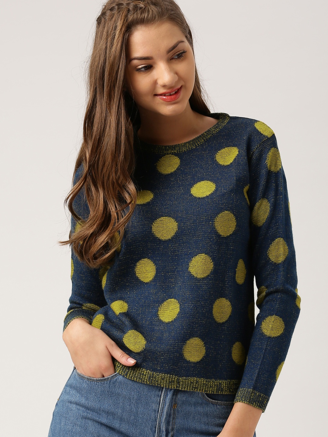 

DressBerry Women Blue & Mustard Yellow Patterned Sweater