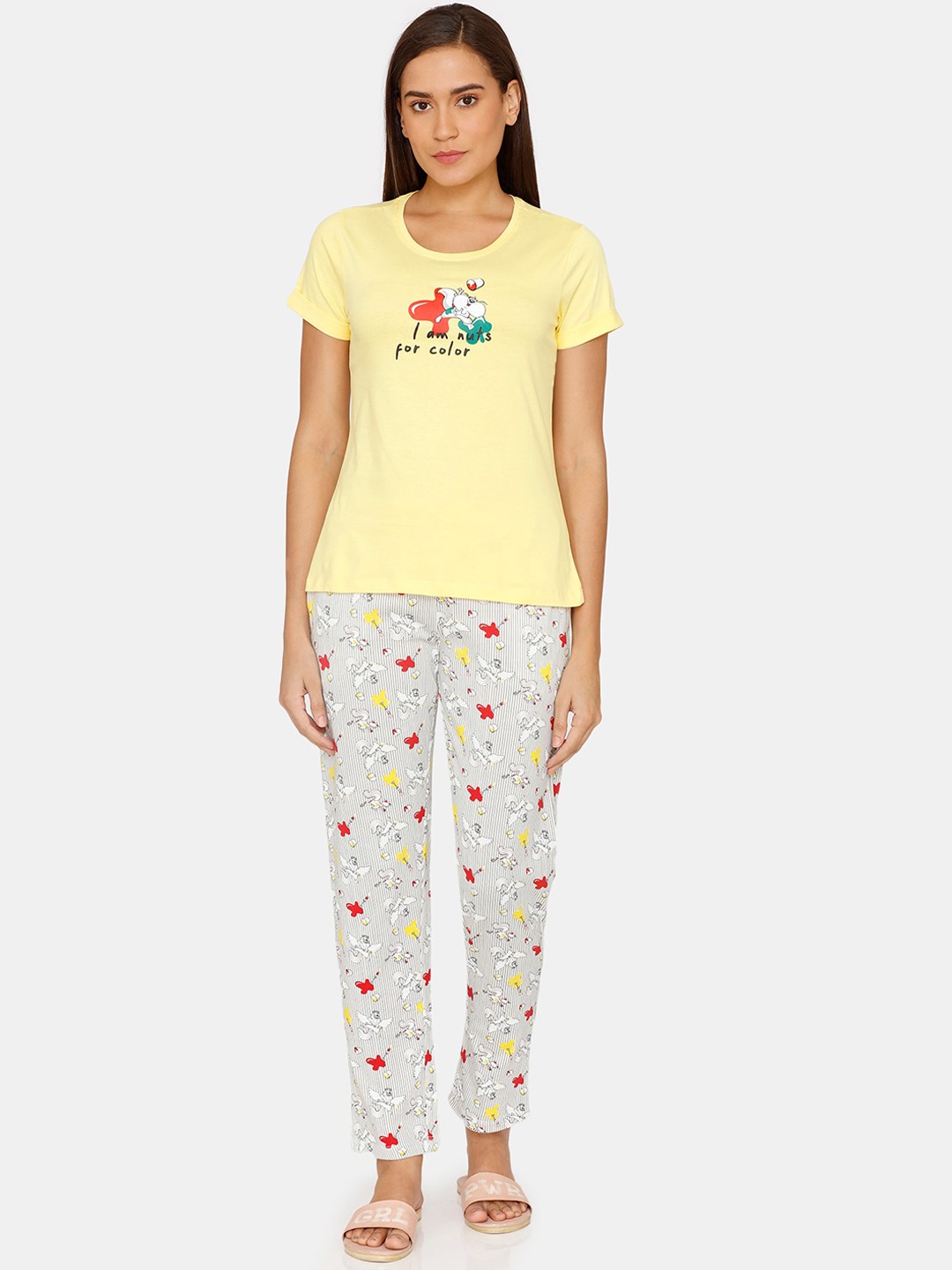 

Zivame Women White & Yellow Printed Night suit