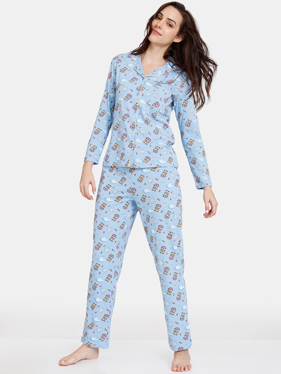 

Zivame Women Blue & Rose Gold Printed Night suit