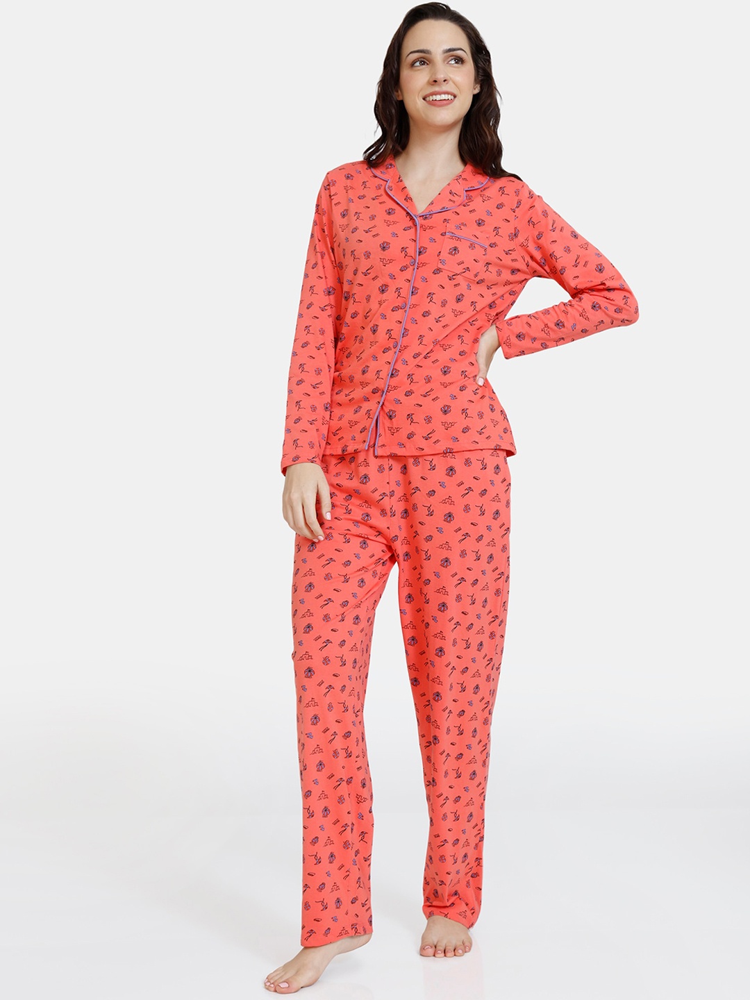 

Zivame Women Orange & Blue Printed Night suit