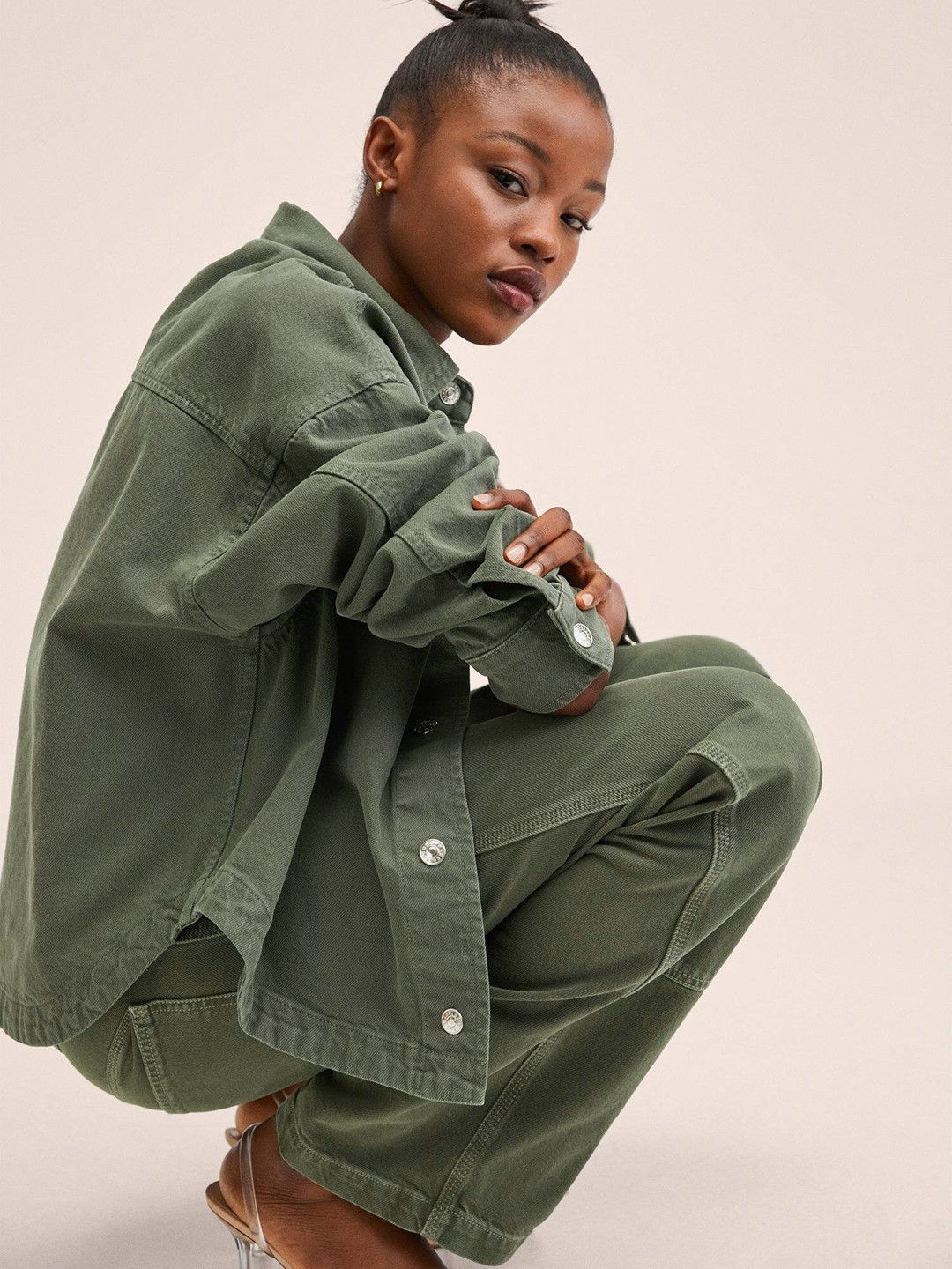 

MANGO Women Oversized Denim Casual Shacket, Olive
