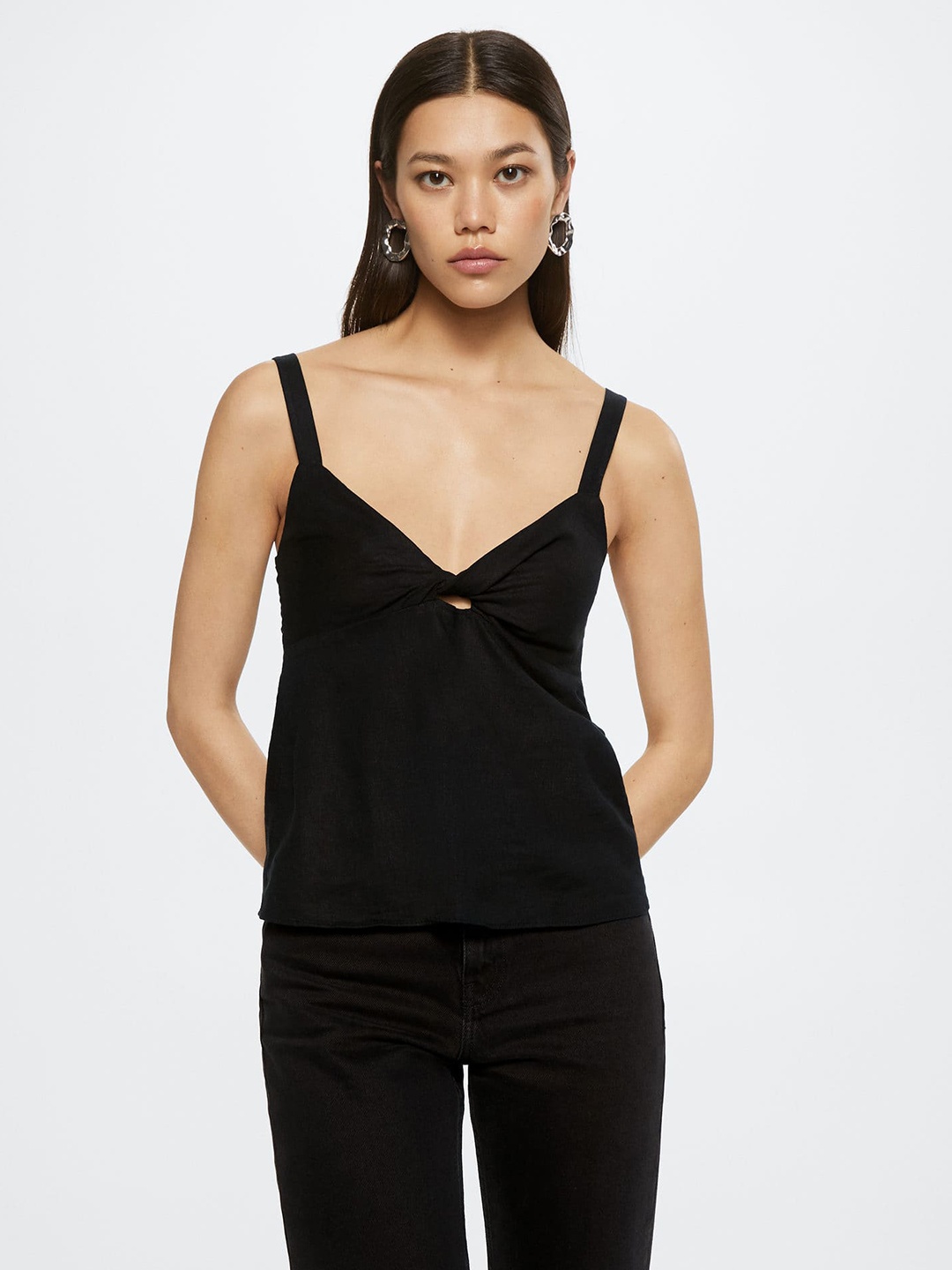 

MANGO Black Solid Twisted Linen Top