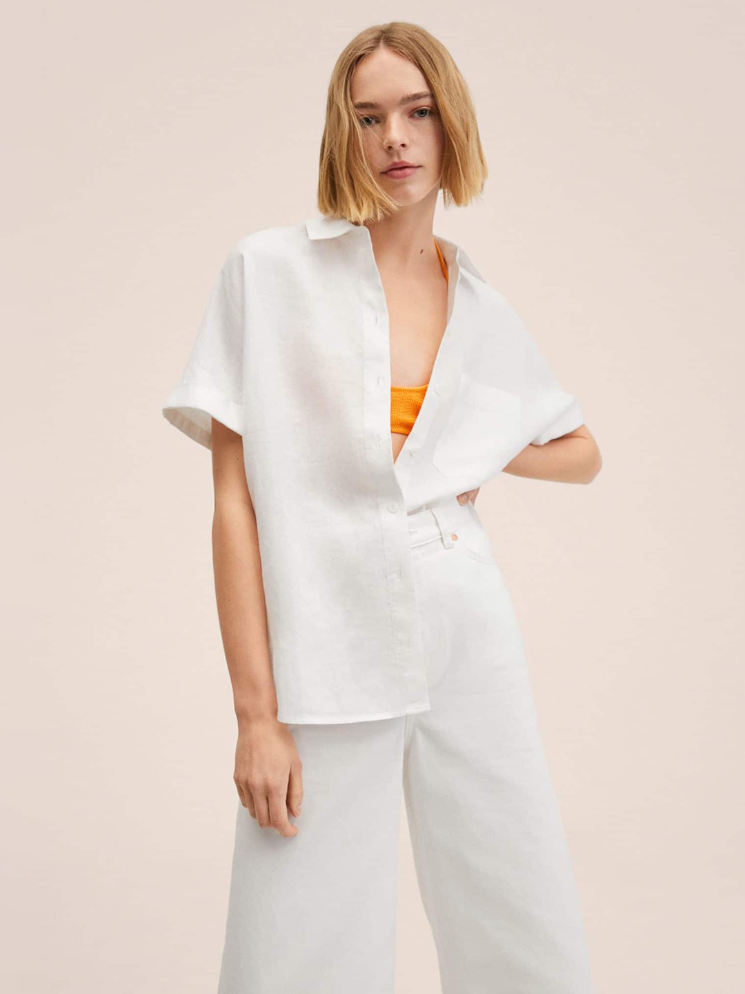 

MANGO Women White Solid Linen Casual Shirt