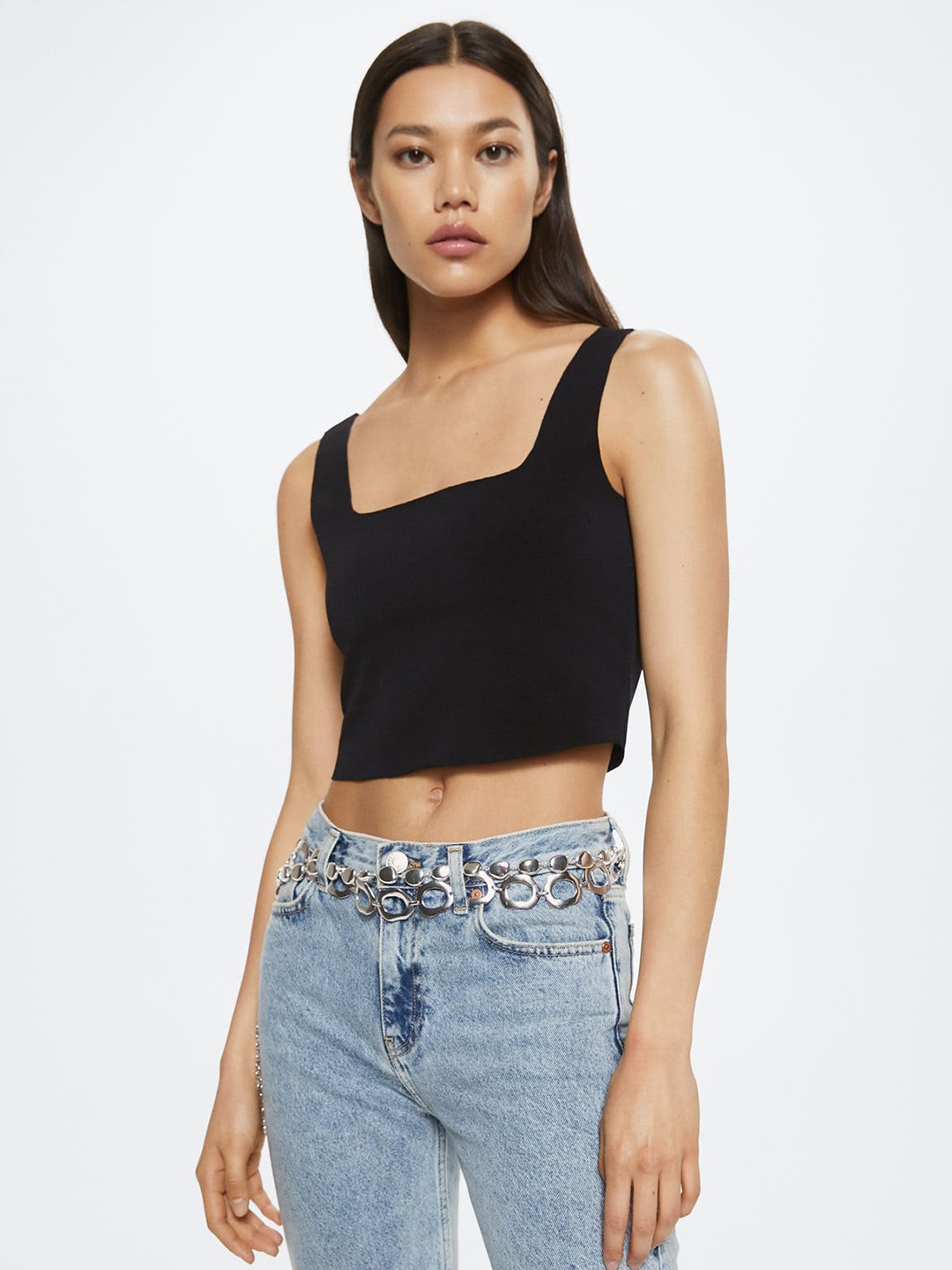 

MANGO Black Solid Square Neck Crop Top