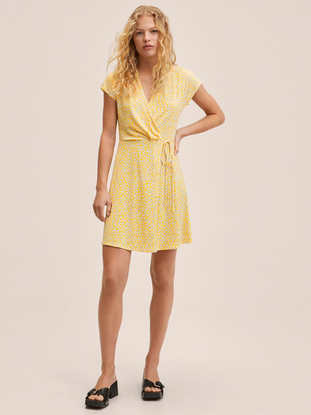 

MANGO Yellow & White Floral Printed Wrap Dress