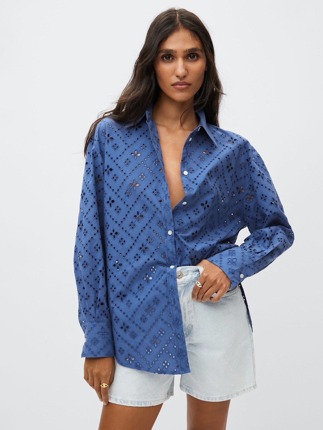 

MANGO Women Navy Blue Pure Cotton Schiffli Casual Shirt