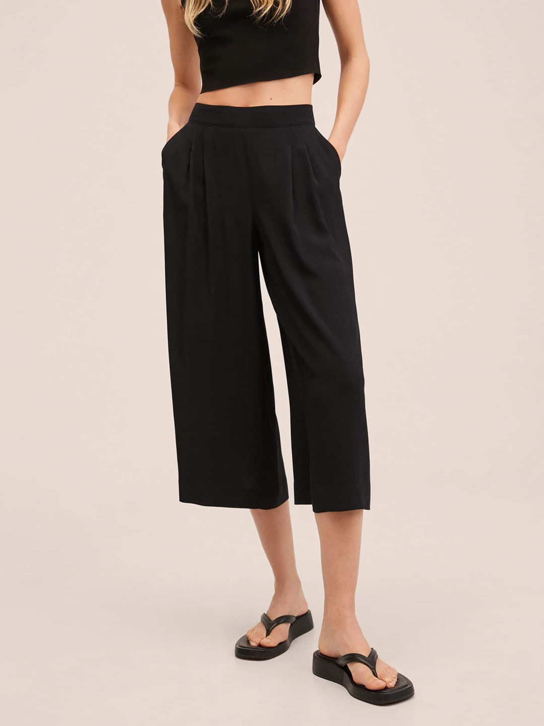 

MANGO Women Black Solid Flared Pleated Culottes Trousers