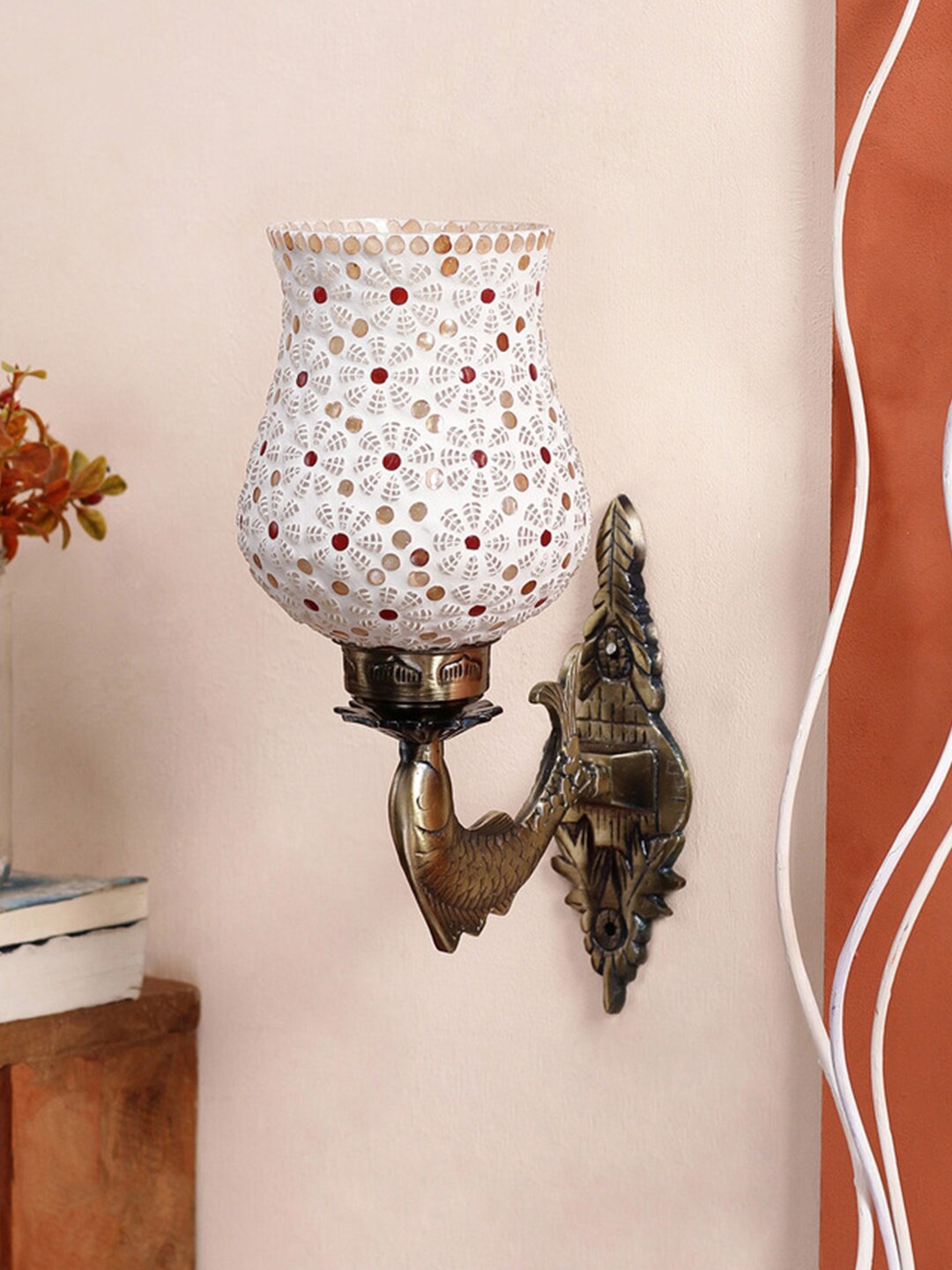 

Devansh White & Red Textured Mosaic Antique Metal Wall Lamp