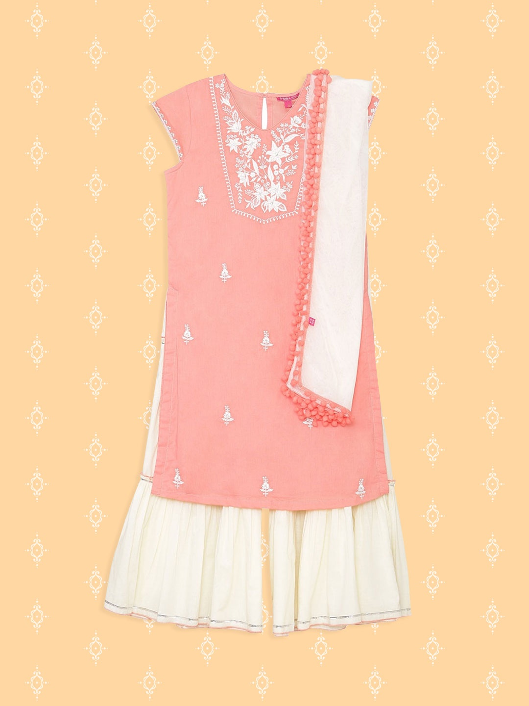

Biba Girls Peach-Coloured Embroidered Pure Cotton Kurta with Sharara & With Dupatta