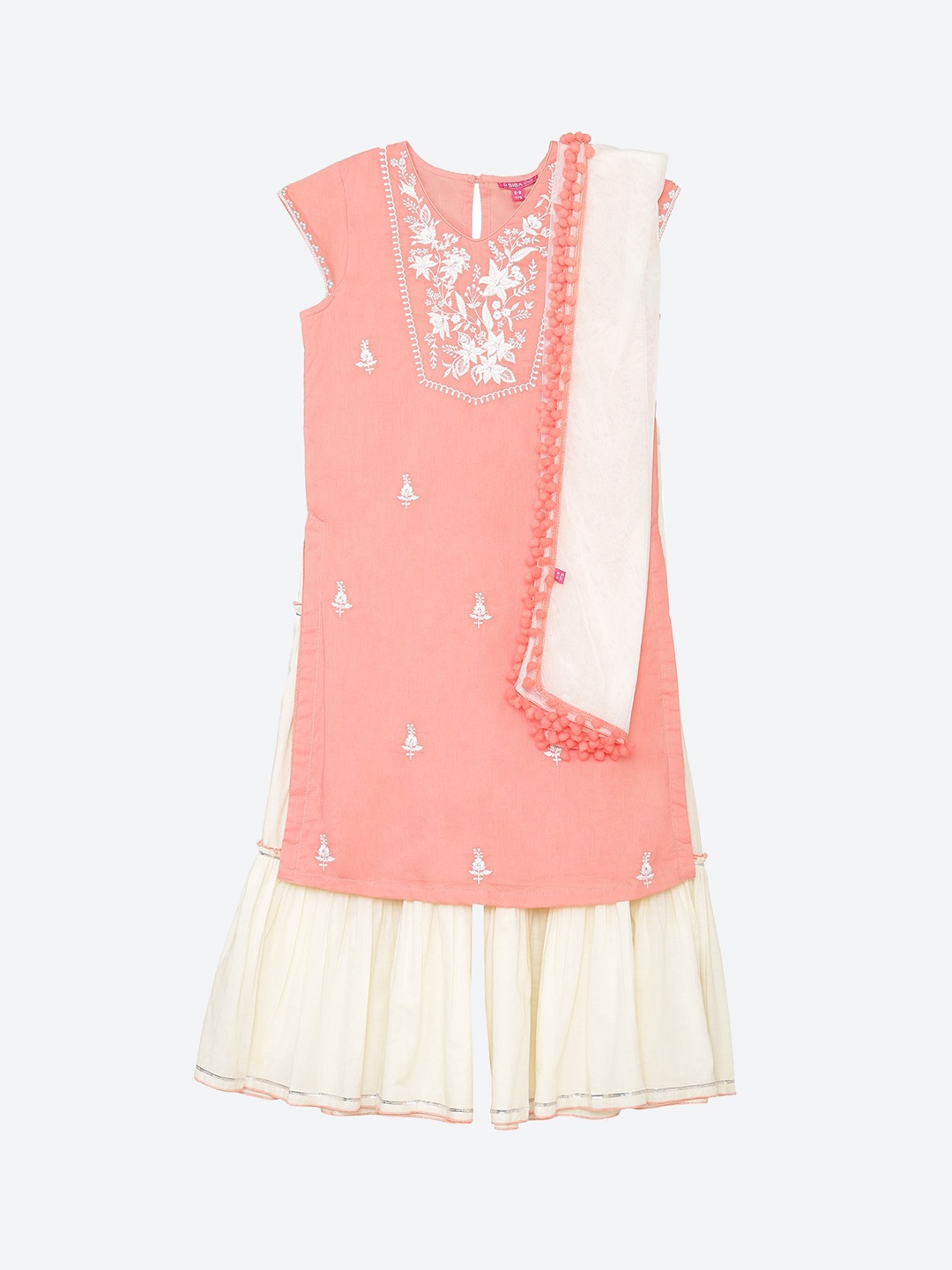 

Biba Girls Peach-Coloured Embroidered Pure Cotton Kurta With Skirt & With Dupatta