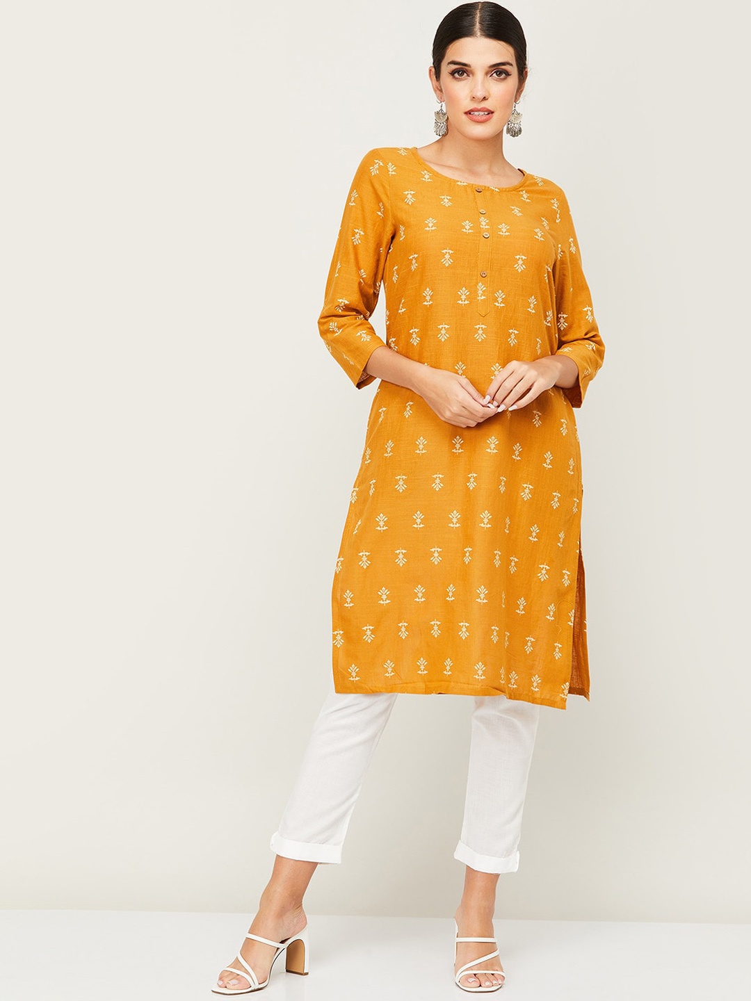 

Melange by Lifestyle Women Yellow Ethnic Motifs Printed Chikankari Kurta