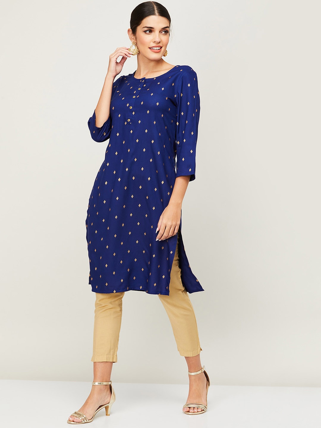 

Melange by Lifestyle Women Blue & Gold-Toned Ethnic Motifs Printed Kurta