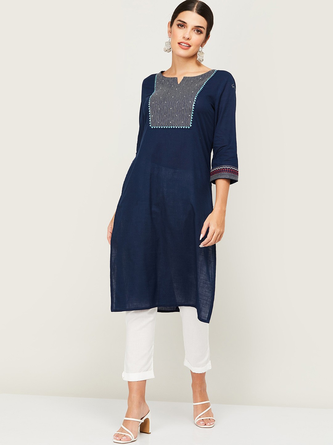 

Melange by Lifestyle Women Navy Blue Geometric Yoke Design Kurta