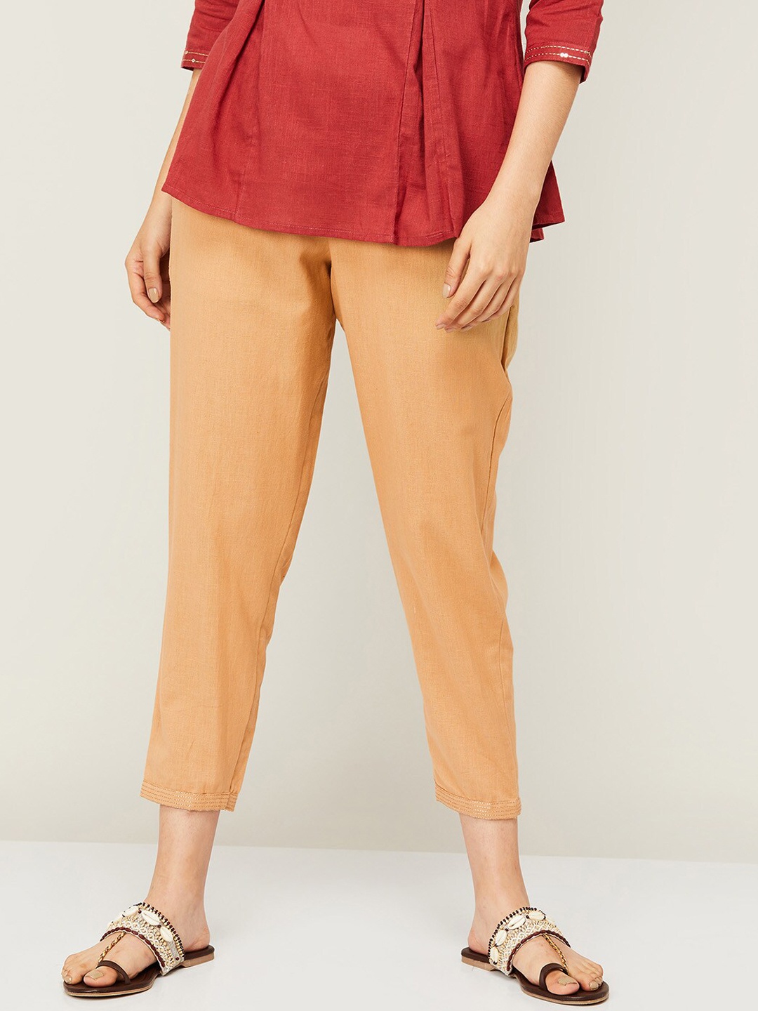 

Melange by Lifestyle Women Gold-Toned Relaxed High-Rise Cotton Trousers