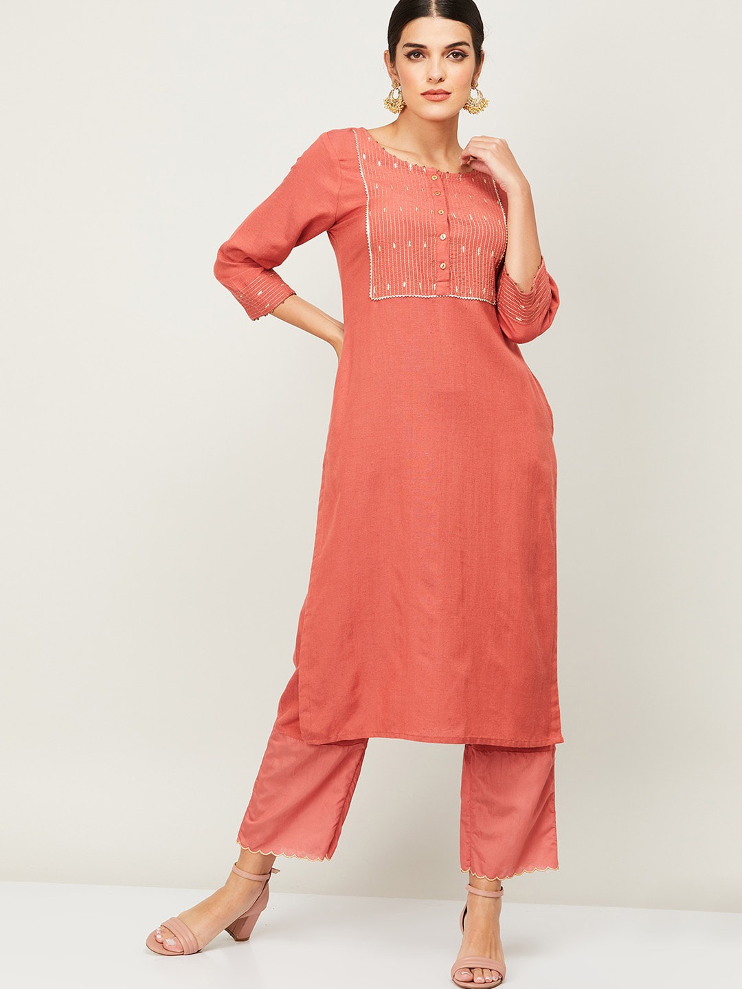 

Melange by Lifestyle Women Pink Embroidered Pure Cotton Kurti with Trousers