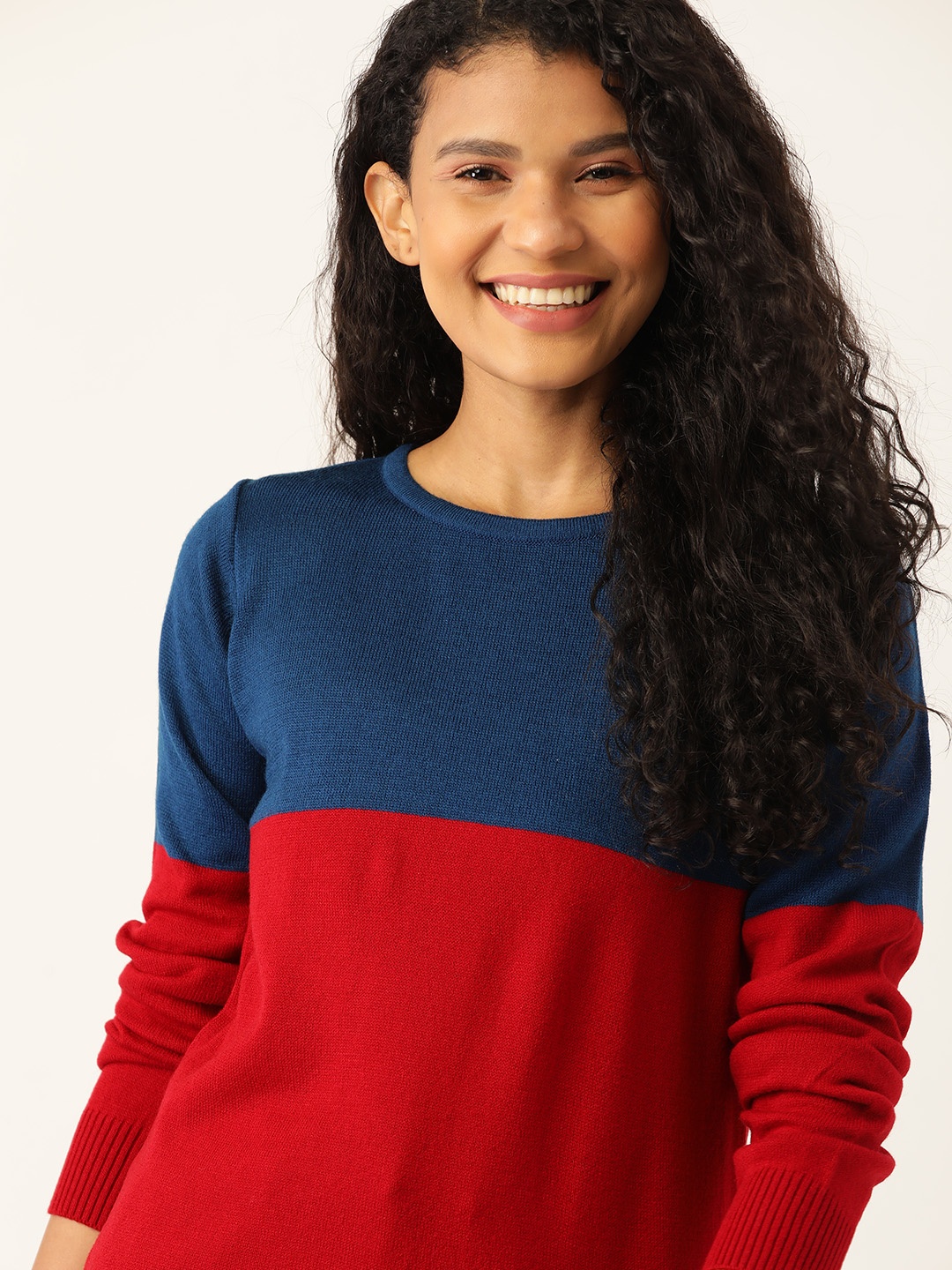 

DressBerry Women Red & Teal Blue Colourblocked Pullover