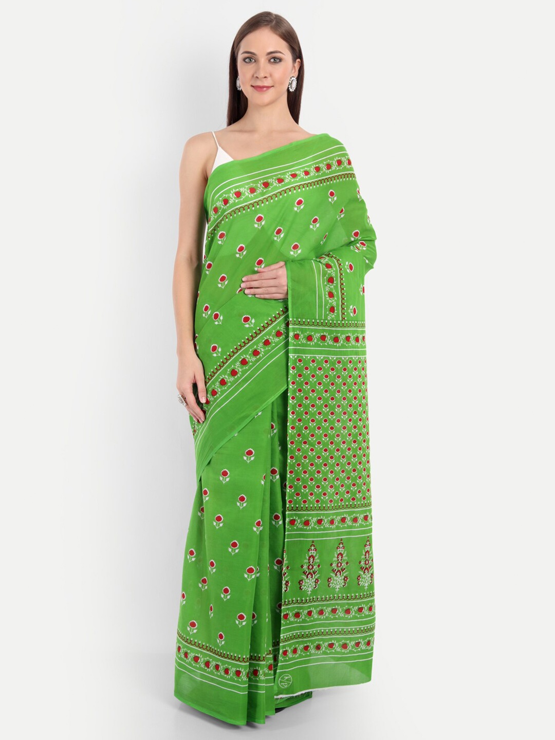 

BUTA BUTI Green & Red Ethnic Motifs Printed Pure Cotton Saree