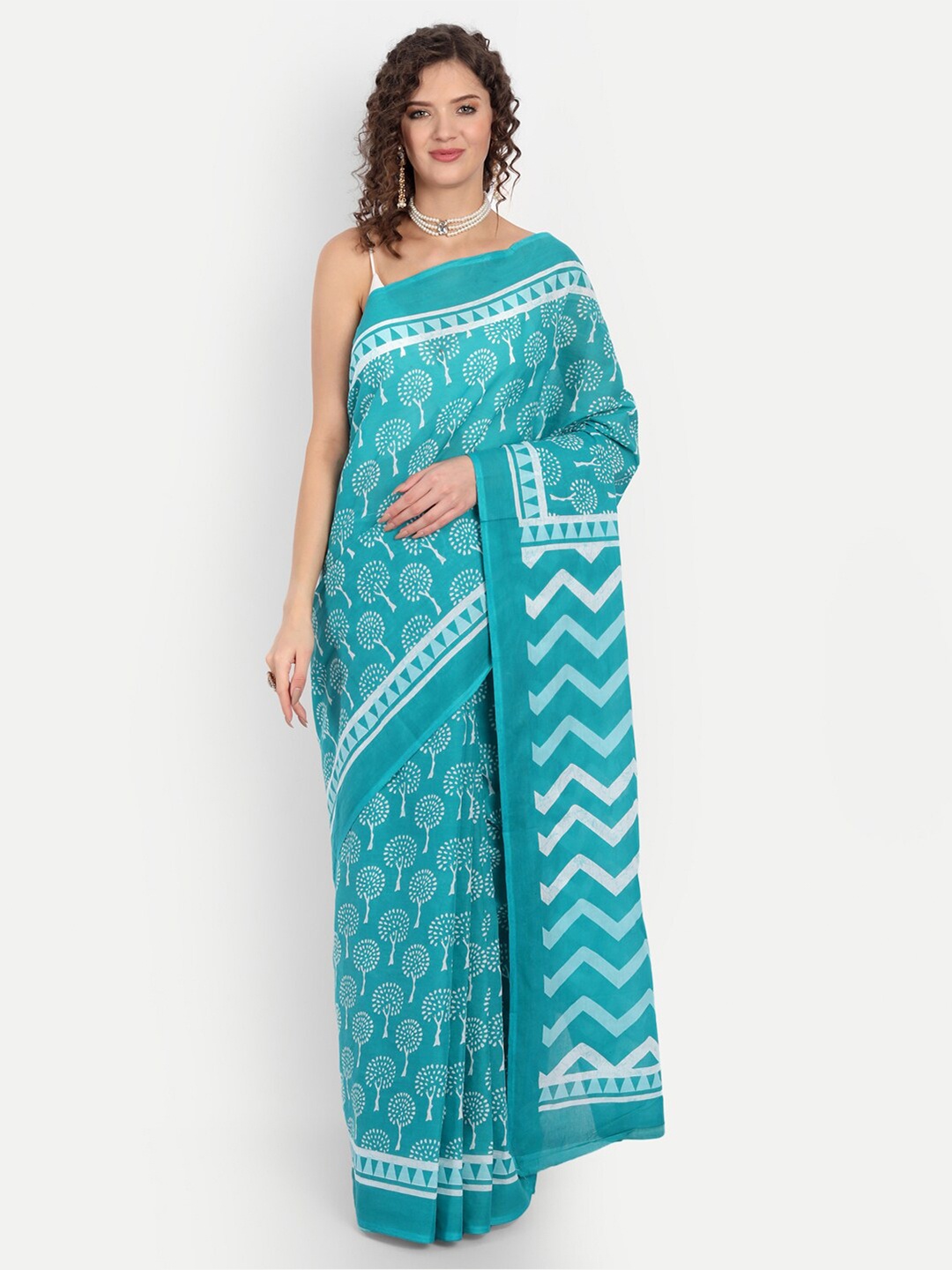 BUTA BUTI Blue & White Floral Pure Cotton Saree