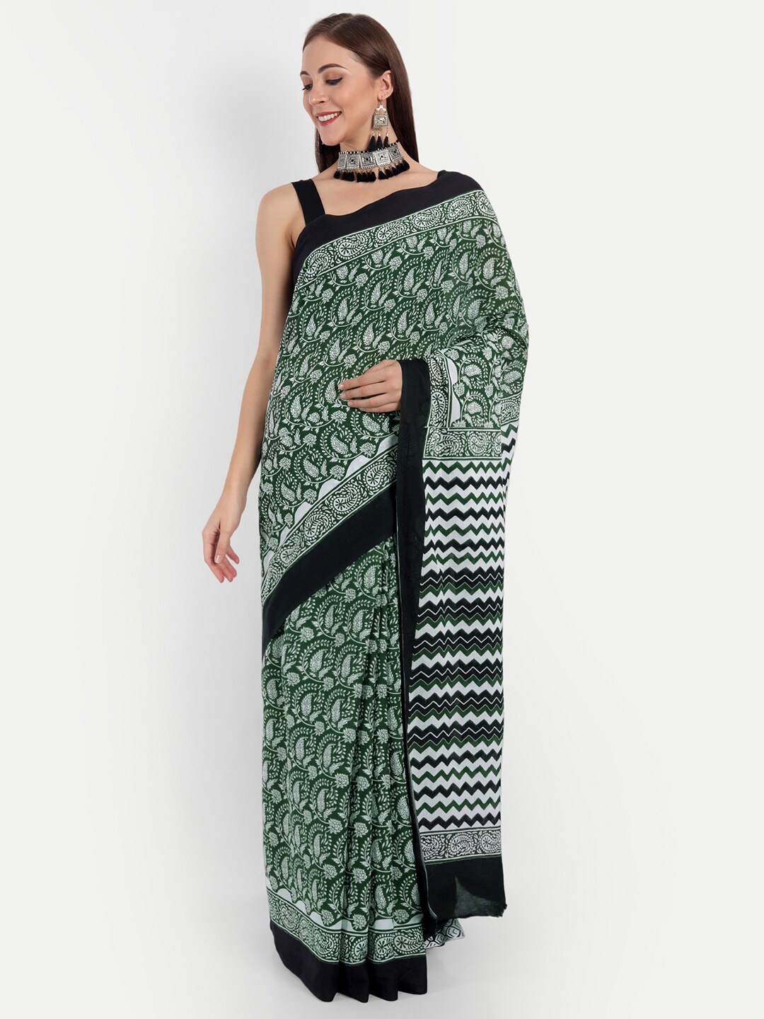 

BUTA BUTI Green & Black Paisley Pure Cotton Saree