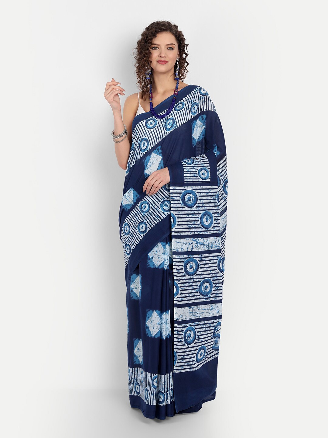 

BUTA BUTI Navy Blue & White Dabu Pure Cotton Saree
