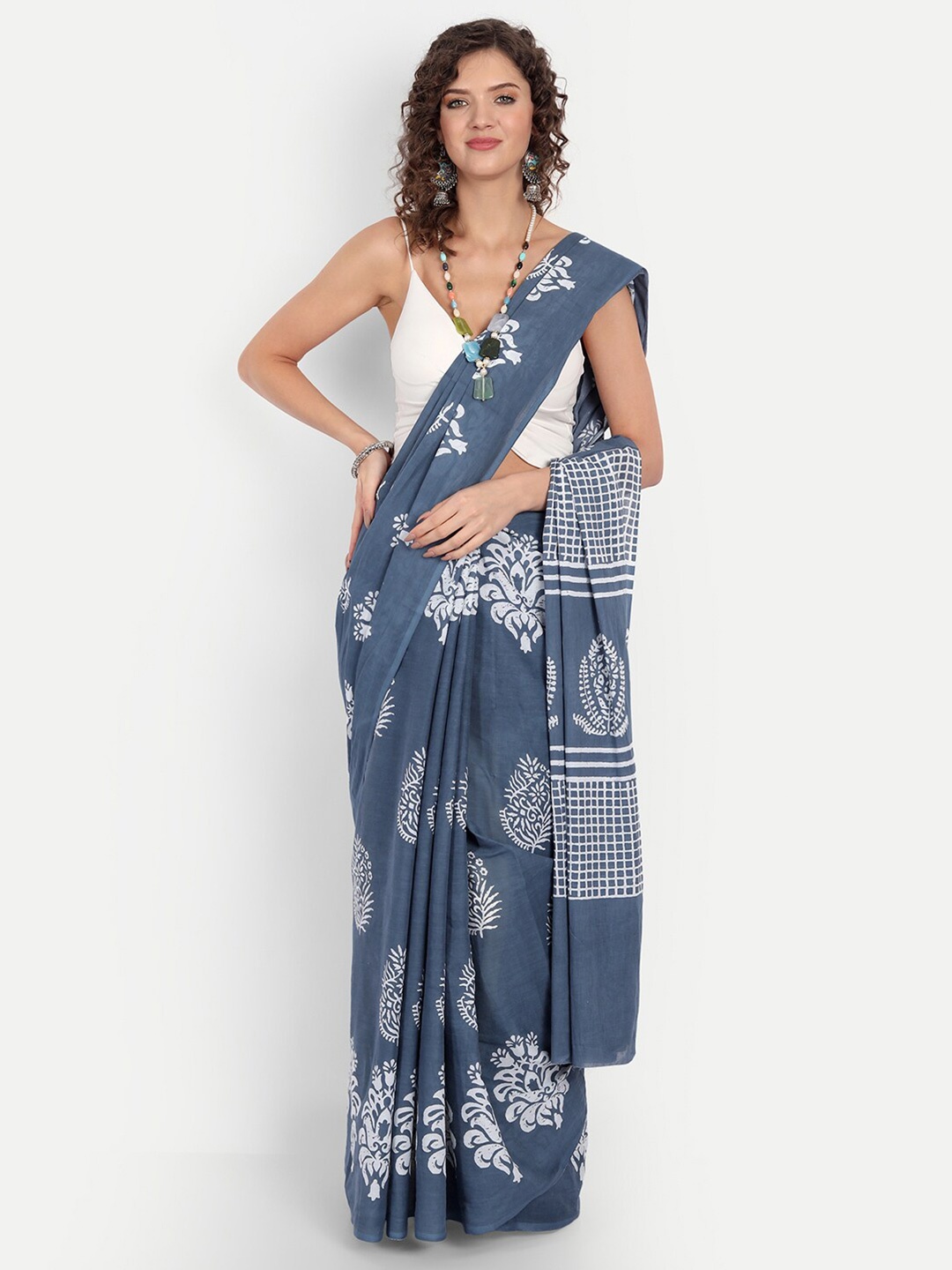 

BUTA BUTI Grey & White Ethnic Motifs Pure Cotton Saree