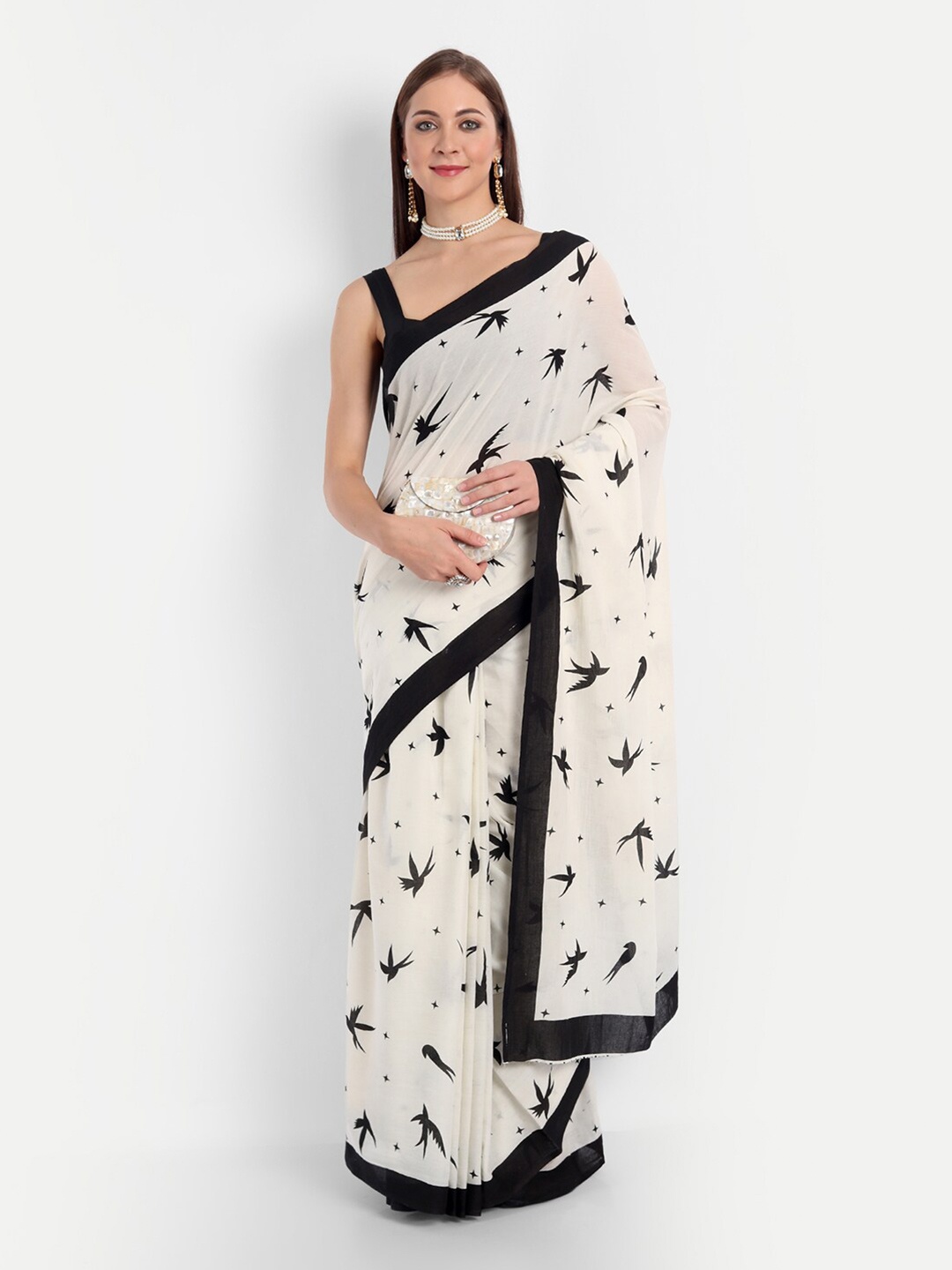 

BUTA BUTI White & Black Floral Pure Cotton Saree